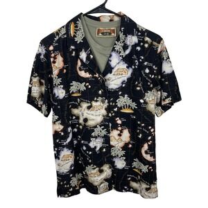 Caribbean Joe Hawaiian Shirt Island Map‎ Tiki Bar Resort Black Women's